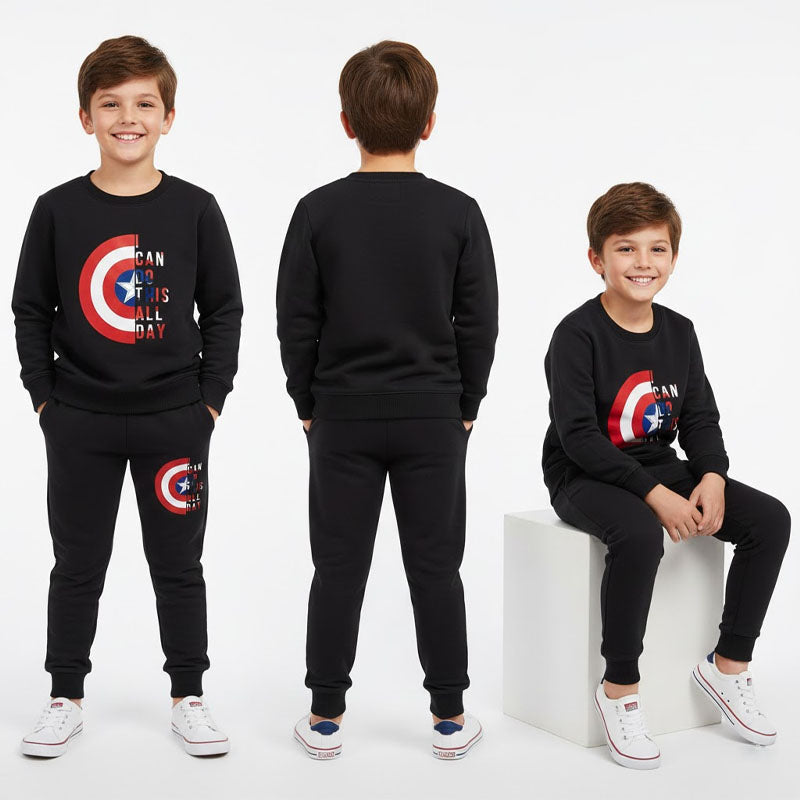 Captain America-Style Black Shield Graphic Sweatshirt and Jogger Set