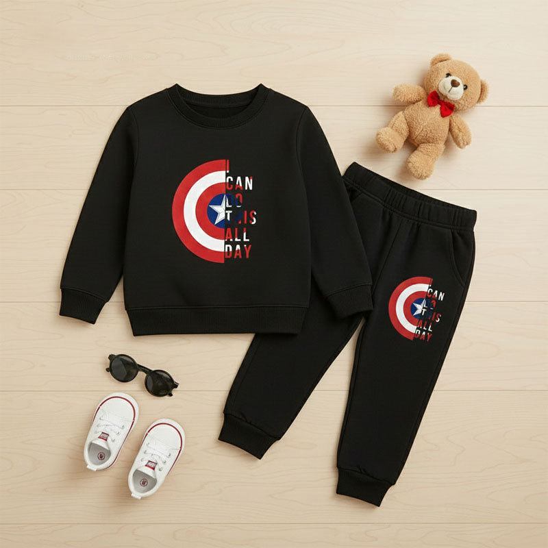 Captain America-Style Black Shield Graphic Sweatshirt and Jogger Set