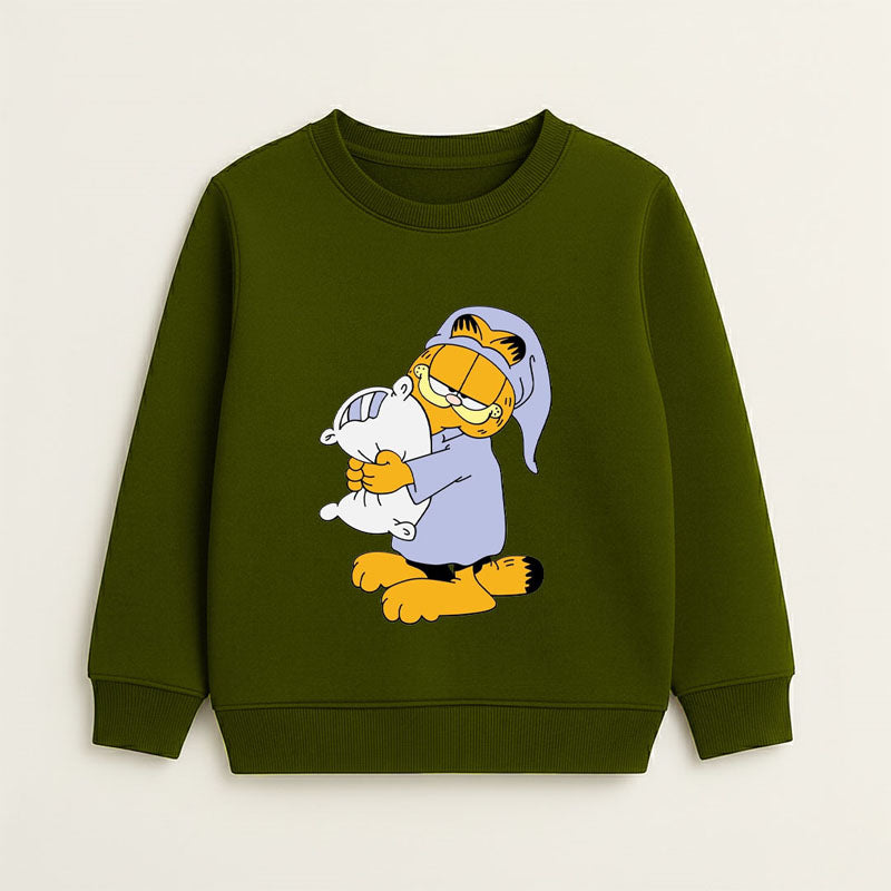 Garfield Themed Sleepy Cat Olive Green Kids' Sweatshirt