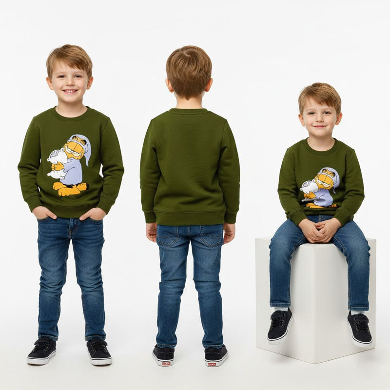 Garfield Themed Sleepy Cat Olive Green Kids' Sweatshirt