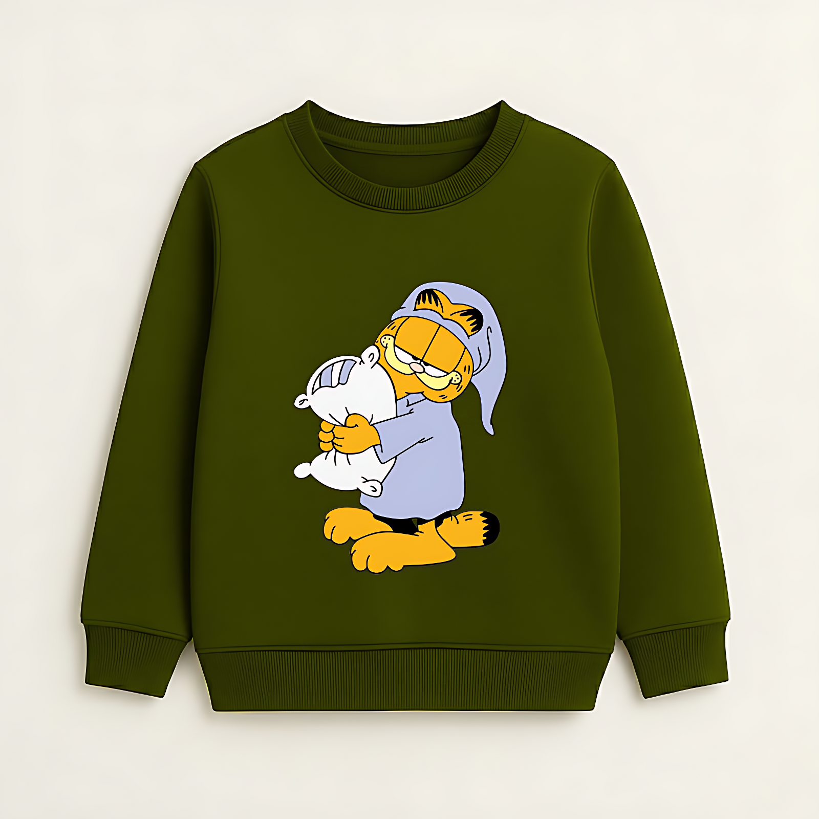 Garfield Themed Sleepy Cat Olive Green Kids' Sweatshirt