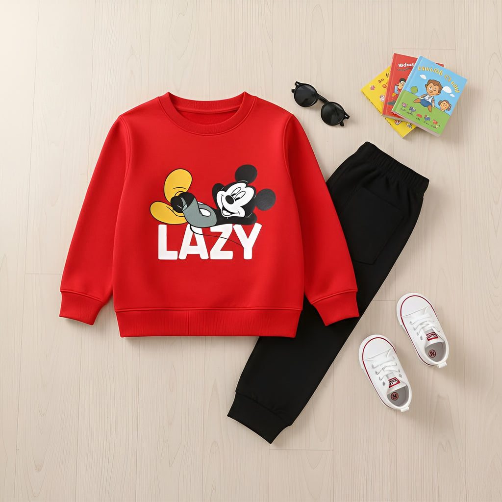 Cozy Red Mickey "Lazy" Sweatshirt & Black Trouser